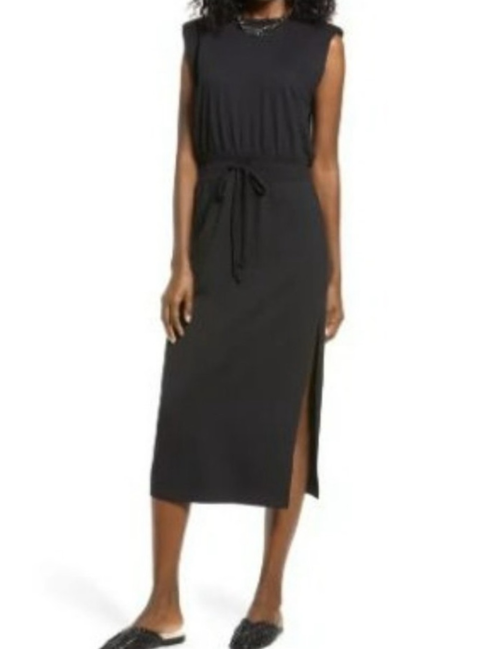 Open Edit Sleeveless Shoulder Pad Black Midi Drawstring Tank Dress Size Small